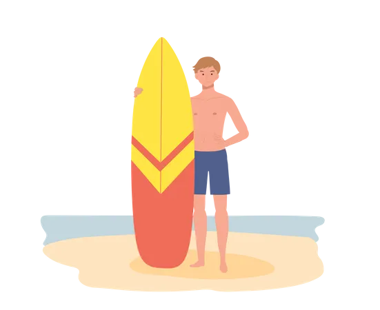 Man wearing in swim suit while holding surfboard on the beach  Illustration