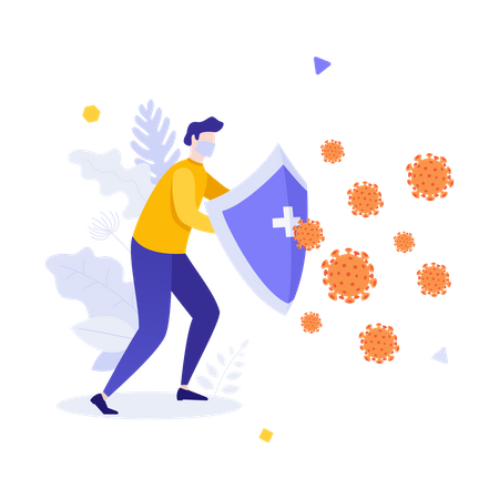 Man wearing medical mask holding shield and protecting himself against virus  Illustration