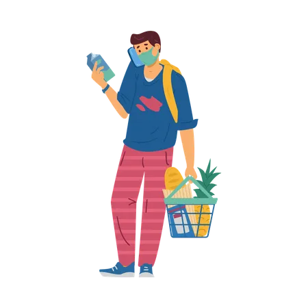 Man wearing medical mask in supermarket  Illustration