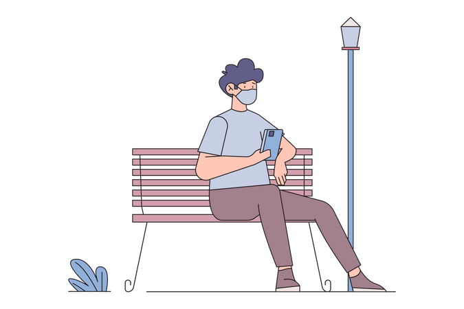 Man Wearing Medical Mask seating on park bench  Illustration