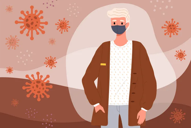 Male Character Is Wearing A Protective Mask Blond Haired Man In A Jacket Is Posing Young Guy In Medical Mask On The Background Of Coronaviruses And Bacterias Quarantine Period Vector Illustration Illustration