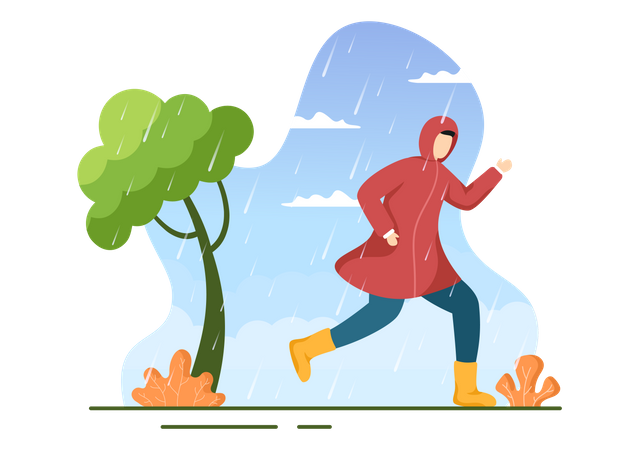 Man wearing raincoat running  Illustration