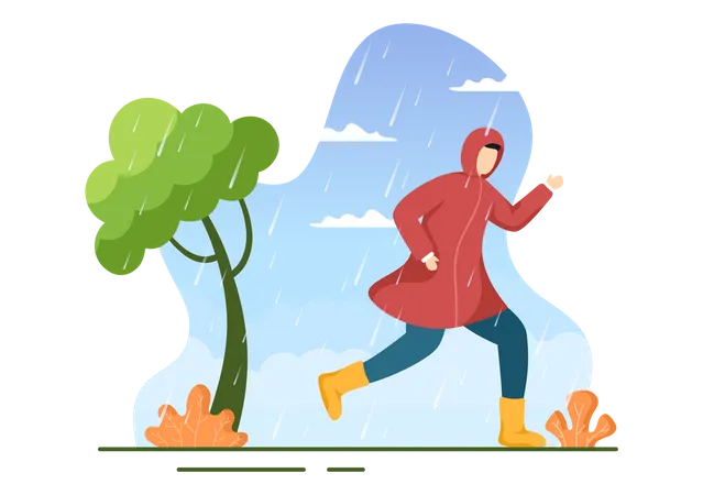 People Wearing Raincoat Rubber Boots And Carrying Umbrella In The Middle Of Rain Showers Storm Flat Background Cartoon Vector Illustration For Banner Or Poster Illustration