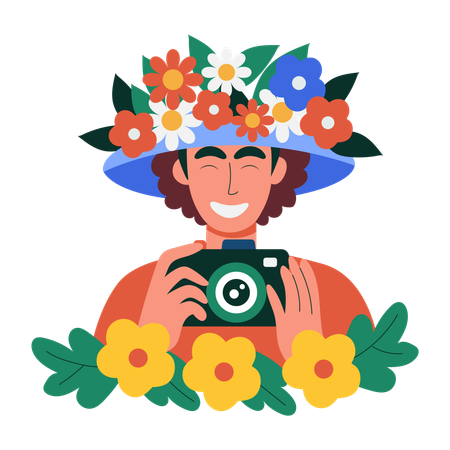 春の帽子をかぶって写真を撮りながら歩く男性  イラスト