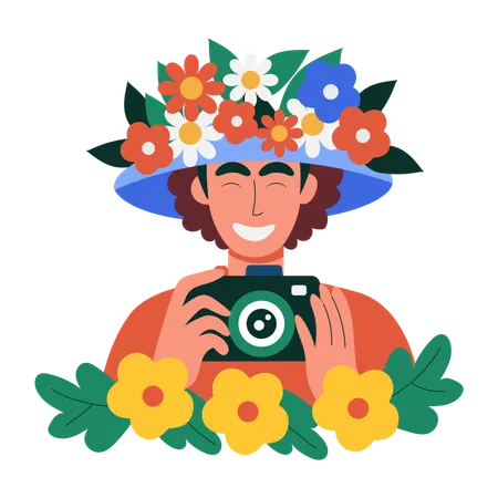 春の帽子をかぶって写真を撮りながら歩く男性  イラスト