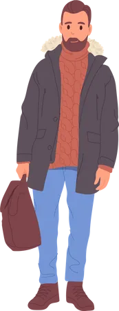 Man wearing stylish cozy sweater under warm outwear and comfortable boots holding backpack  Illustration
