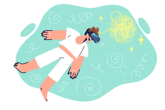 Man Feels Feeling Of Flight Thanks To VR Technology And Use Of Glasses That Immerses In Virtual Reality Guy In Wireless VR Glasses Enjoys Traveling Through Space And Visiting Fantastic Metaverses Illustration
