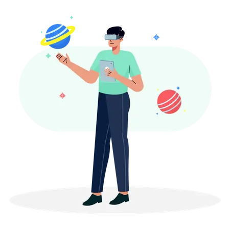 Man wearing VR glasses and enjoying Virtual Space  Illustration