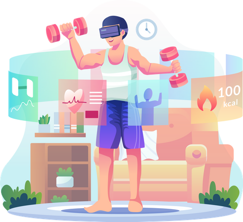 Man wearing VR glasses doing a workout at home Illustration