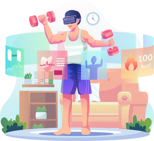 Man wearing VR glasses doing a workout at home  Illustration