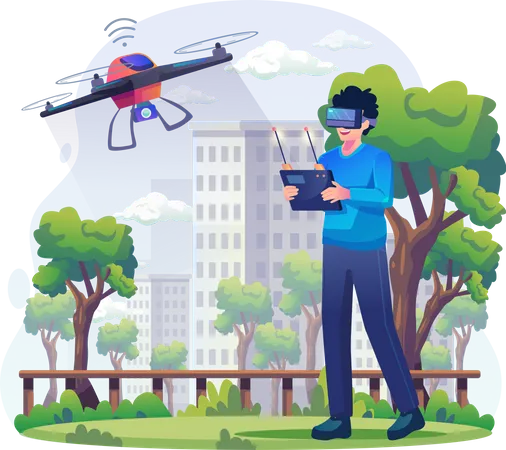 Man wearing VR glasses flying a drone outdoors  Illustration