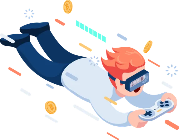 Man Wearing VR Headset and Playing Crypto Game  Illustration