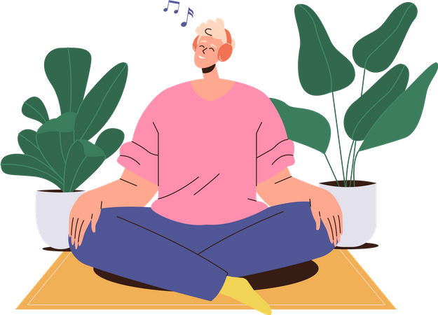 Man wearing wireless earphones headset listening to music sitting on floor at home  イラスト