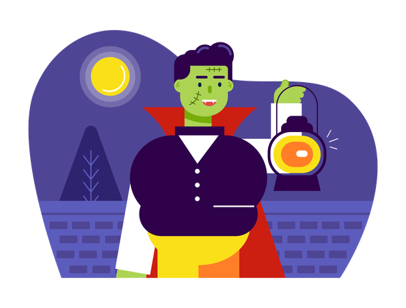 Man wearing Zombie costume and holding lantern  Illustration