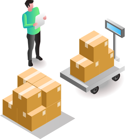 Man weighing goods in warehouse Illustration
