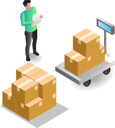 Man weighing goods in warehouse Illustration