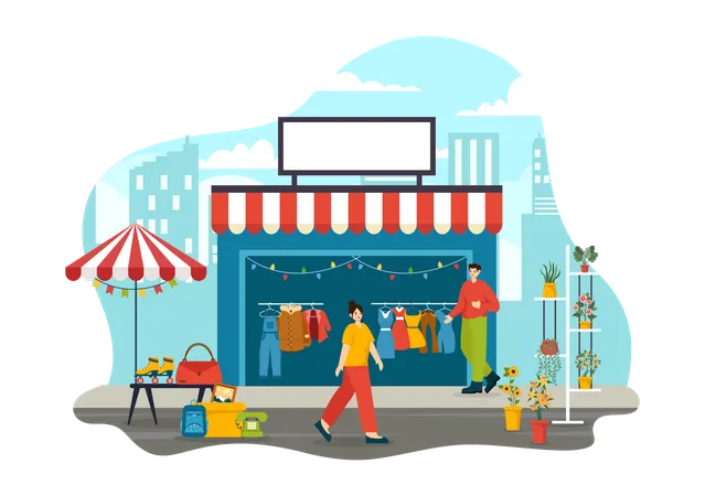 Flea Market Vector Illustration With Second Hand Shop With Shoppers Swap Meet Sellers And Customers At Weekend In Business Flat Background Illustration