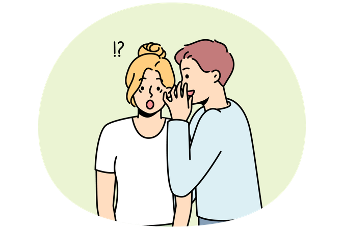 男性がショックを受ける女性に秘密情報をささやく  イラスト