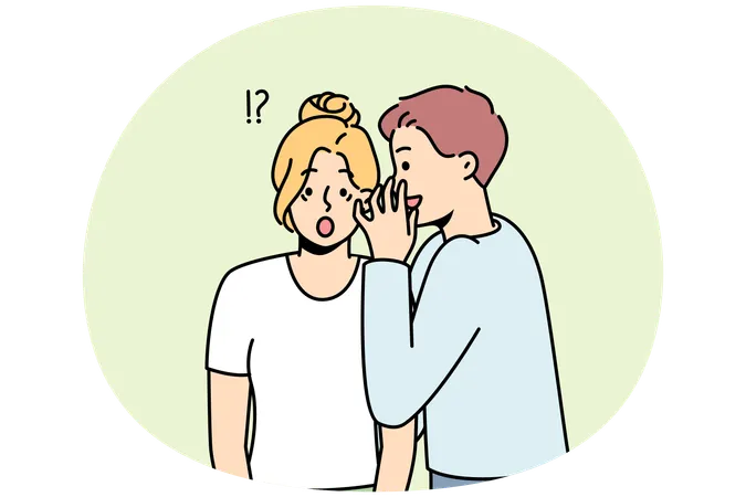 男性がショックを受ける女性に秘密情報をささやく  イラスト