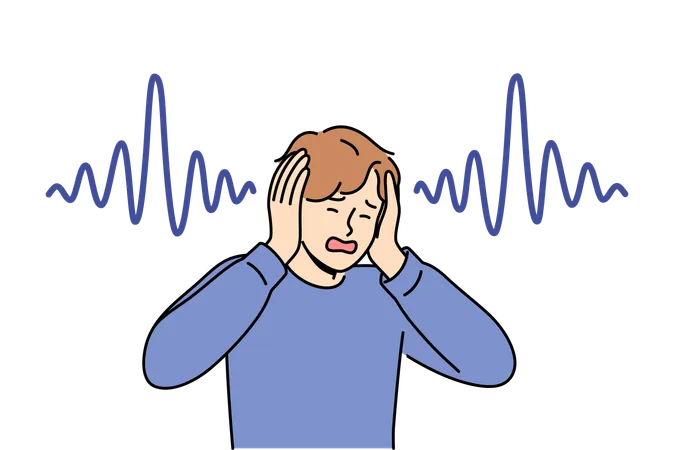 Man Who Has Lost Hearing Clasps Hands And Screams Experiencing Panic Due To Symptoms Of Terrible Disease Guy With Good Hearing Suffers From Loud Music And Noise Feels Headache And Migraine Illustration