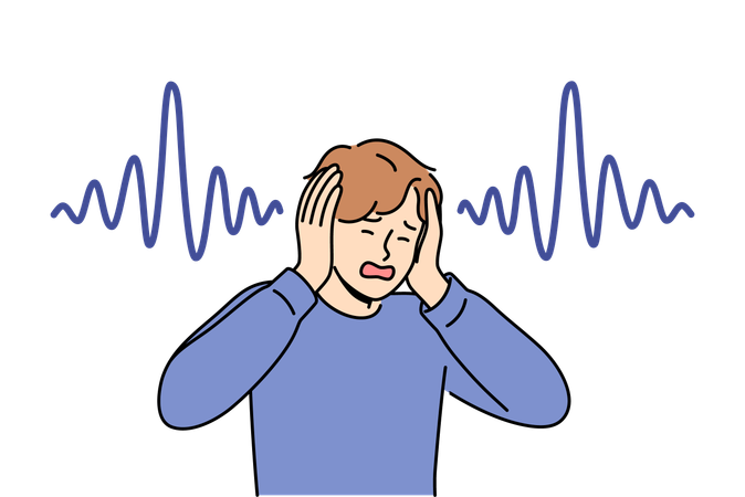 Man who has lost hearing clasps hands and screams and experiencing panic due to symptoms of disease  Illustration