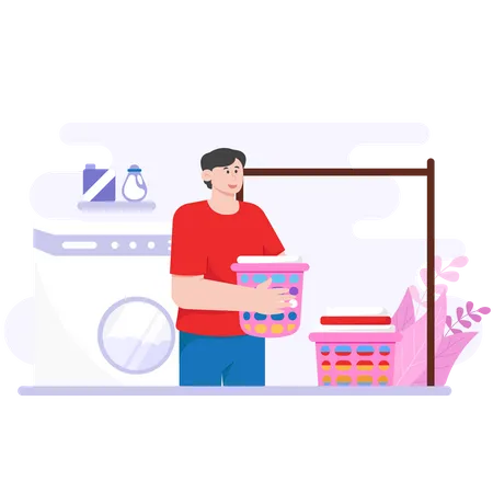 Man Who Is Drying Out The Washed Clothes  Illustration
