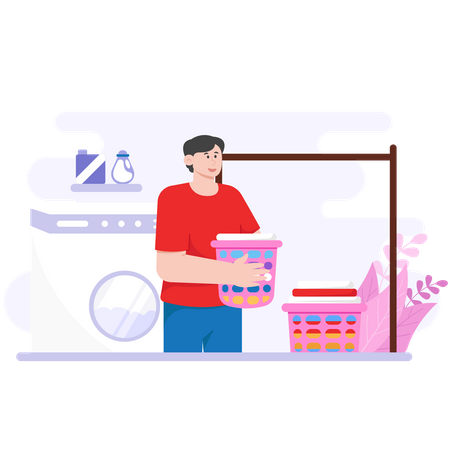 Man Who Is Drying Out The Washed Clothes  일러스트레이션