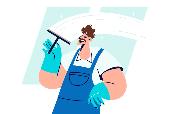 Man window cleaner cleans glass and polishing surface and removing traces of streaks and stains  Illustration