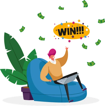 Happy Male Character Sitting With Laptop Comfortable Armchair Celebrate Win In Online Casino With Money Falling From Sky Man Win Money In Internet Investment Concept Cartoon Vector Illustration Illustration