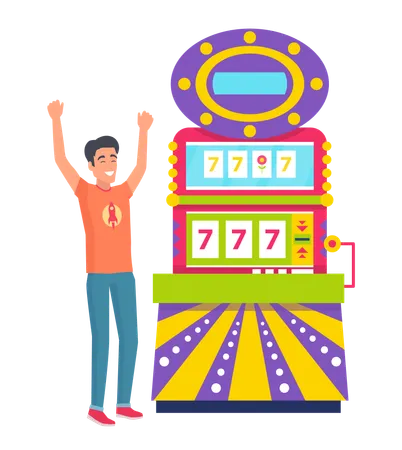 Happy Man Winning In Casino Vector Slot Machine With Lucky Sevens Triple 777 Number Luck Of Person Gambling In Gaming House Gambler With Smile Illustration