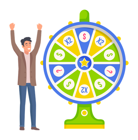 Man winning wheel of fortune  Illustration