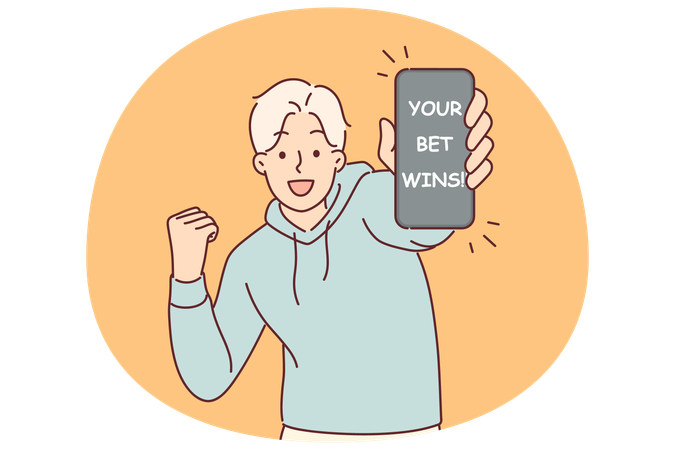 Man wins in online casino or betting application demonstrates phone with message about winning  Illustration