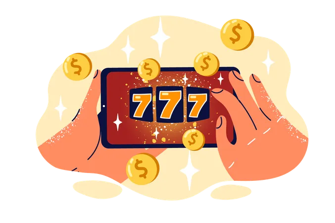 Slot Machine In Phone In Hands Of Person For Advertising Online Casino And Gambling With Cash Prize Mobile Casino Application With 777 Numbers In Smartphone To Test Your Luck In Lottery Jackpot Draw Illustration