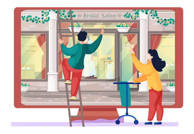 Man wipes shop window  Illustration