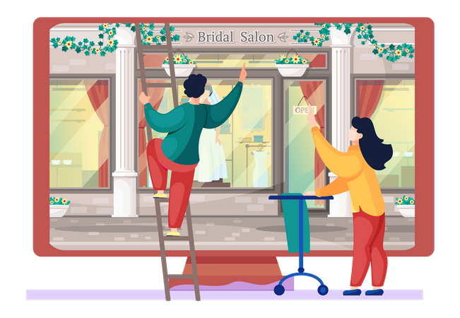 Man wipes shop window  Illustration