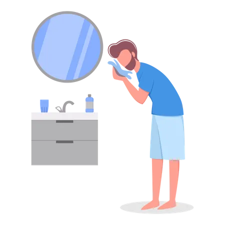 Man Standing In The Bathroom Wiping His Face With A Towel Morning Routine Idea Of Health And Hygiene Flat Vector Illustration Illustration