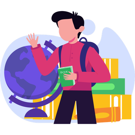 Man with a backpack and globe waves embodying the spirit of travel and discovery  Illustration