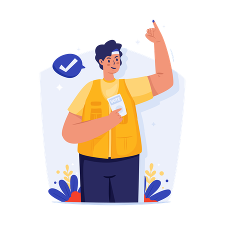 Man with a ballot paper and showing his inked little finger means participation in the election vote  Illustration