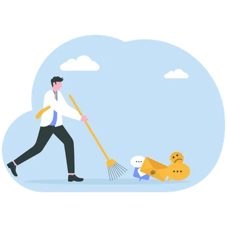 빗자루를 든 남자가 스팸 메일 좋아요와 리포스트 게시물을 쓸어낸다  일러스트레이션