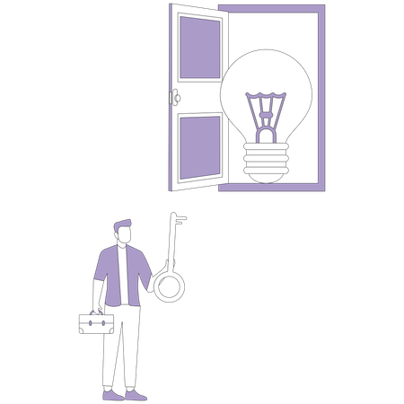 Man with a key stands near door in form of light bulb  Illustration