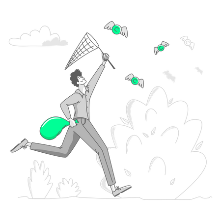 Man with a net catches coins Illustration
