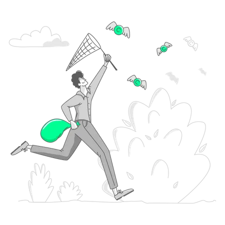 Man with a net catches coins  Illustration