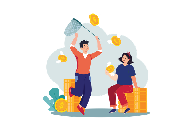 Man with a net catches coins  Illustration