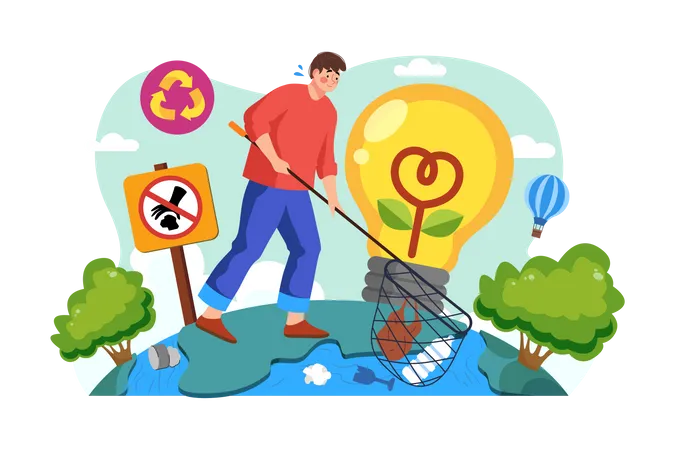 Man With A Net Catches Floating Plastic From The River Illustration