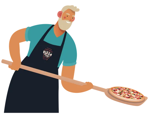 Man with a wooden peel putting pizza into the oven Illustration