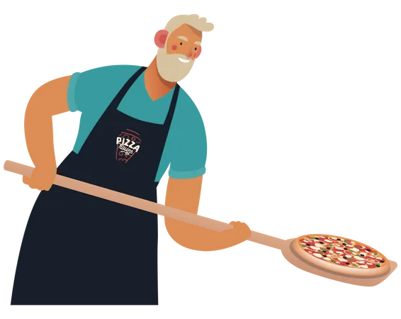 Man with a wooden peel putting pizza into the oven  Illustration