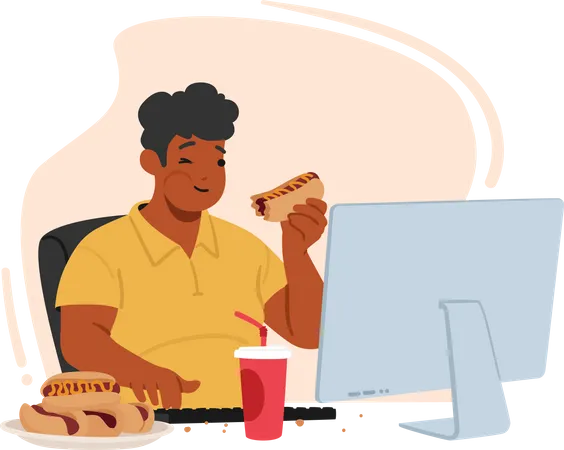 Man Character With An Obsessive Eating Disorder Sit At Desk Struggle With His Weight Overindulging In Unhealthy Foods And Unable To Break The Cycle Of Binge Eating Cartoon People Vector Illustration Illustration