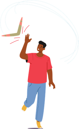 Man  with Anxious Expression Skillfully Catching  Boomerang Mid Air  Illustration