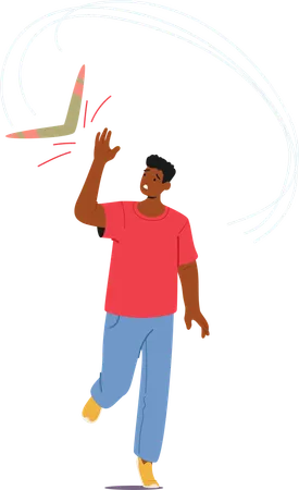 Man  with Anxious Expression Skillfully Catching  Boomerang Mid Air  Illustration