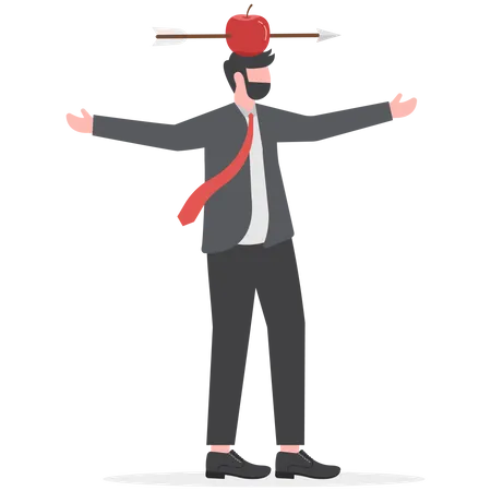 Man With Apple On His Head And Arrow Shot Through In Success Concept Business Risk Concept Vector Illustration Illustration